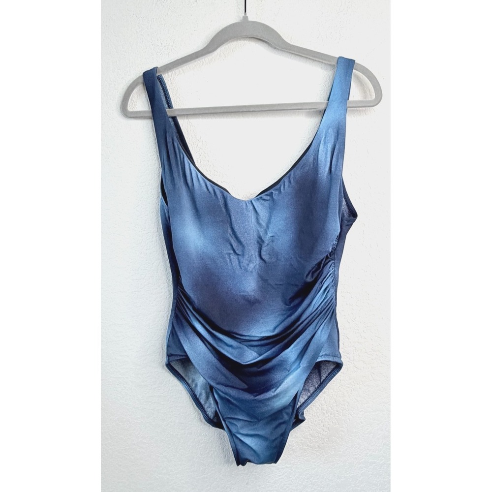 Miraclesuit One Piece Swimsuit Sz 14 Blue Ombre Ruched Tummy Control Slimming